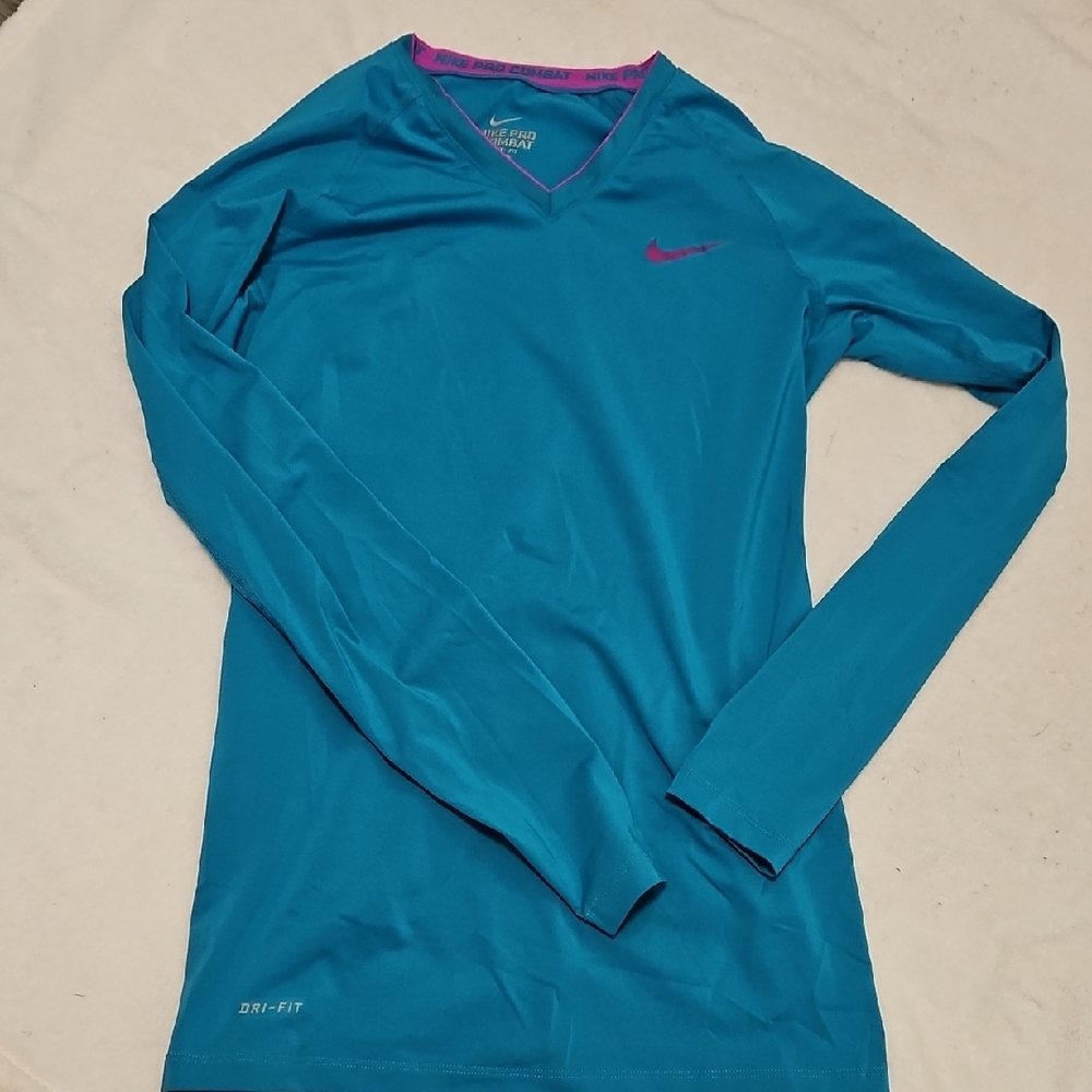 Nike Pro Combat Blue and Pink Fitted Long Sleeve Tee